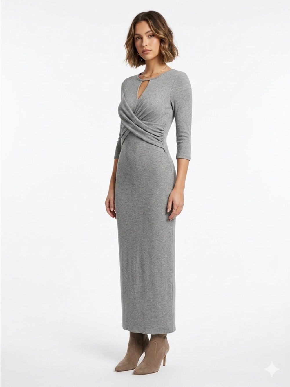 Anthropologie Amadi Twist Front Keyhole Ribbed Knit Maxi Dress Heather Grey SP
